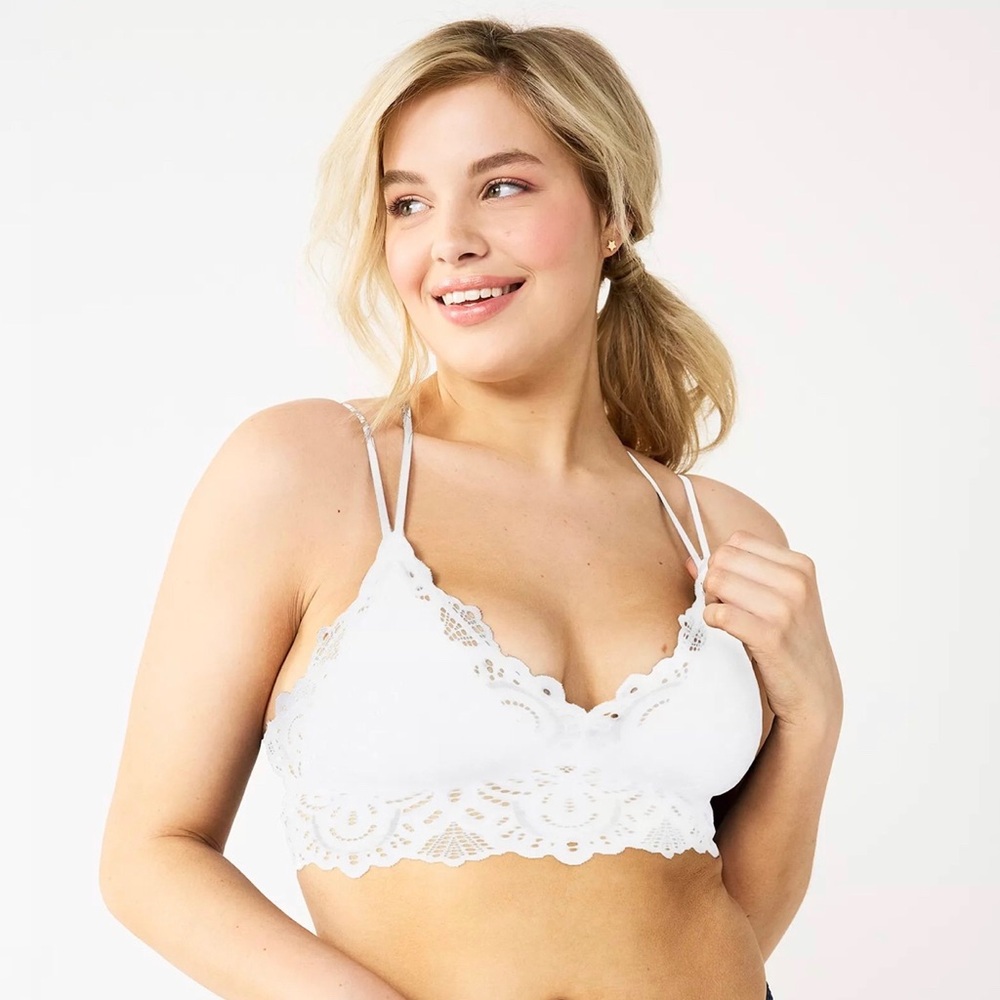 Set 2 SO Strappy Lace Bralette Wireless White & Pink Lace Lightly Padded NWT XL